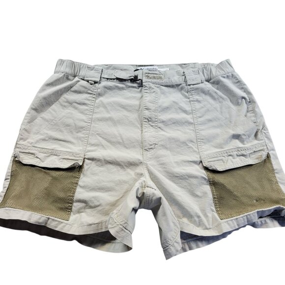 Columbia Shorts Mens XL Beige PFG Fishing Mesh Pockets Cotton Stretch Fish Flaw* - Picture 1 of 9